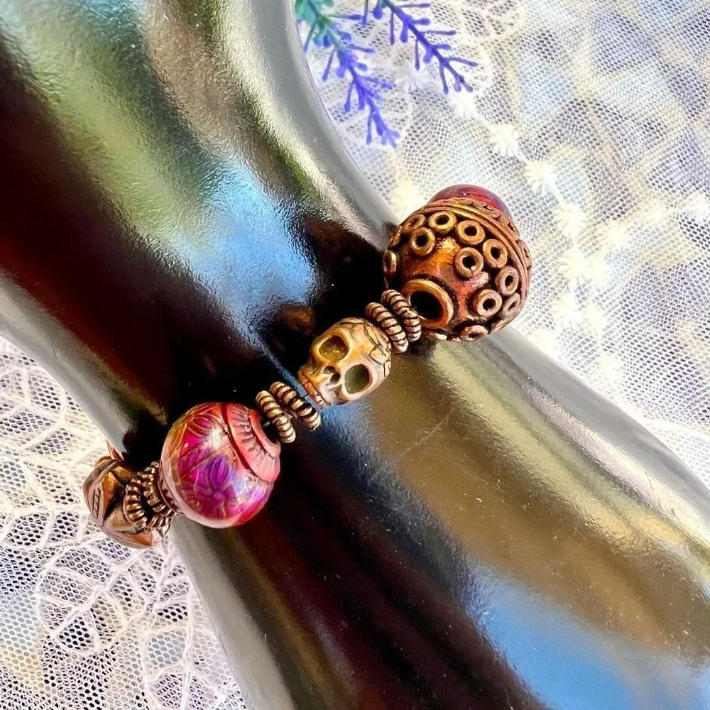 Vintage Boho Copper Beaded Skull Bracelet